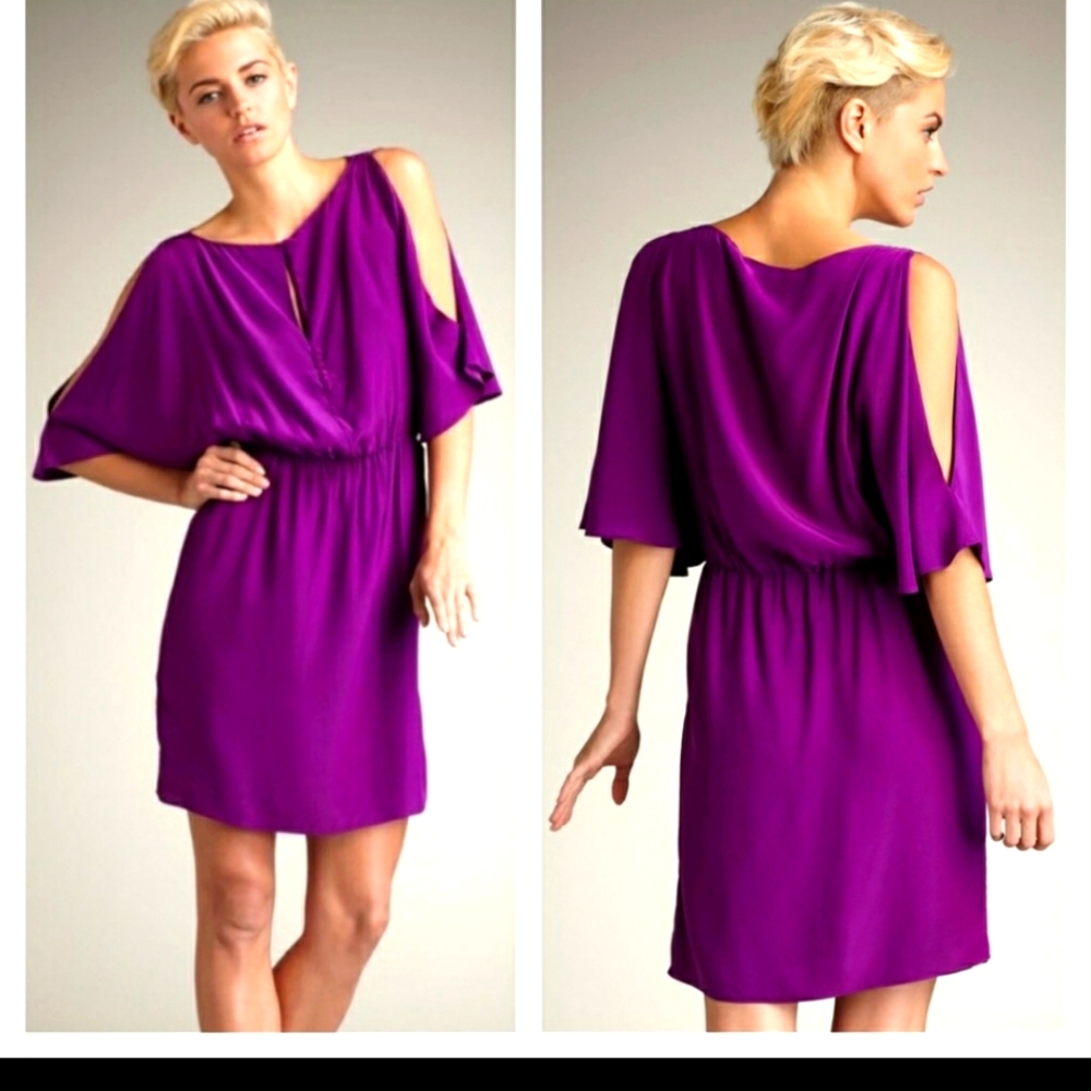 ELIZABETH & JAMES 100% Silk Penelope Dress Purple Cold Shoulder, Size Medium M